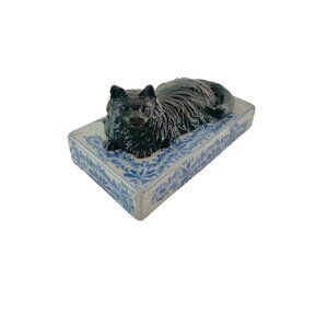Cat Figurine Metal on Ceramic Blue and White Base Vintage Chinoiserie Decor Gift
